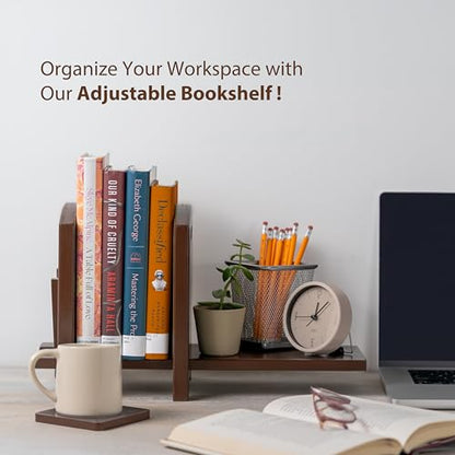 Adjustable Desktop Bookshelf - Sturdy Desk Bookshelf and Book Organizer - No Tools Required to Assemble This Desktop Bookcase, Perfect Tabletop Book Shelf for Office, Study Room - color: Brown