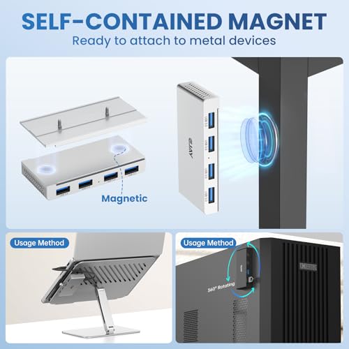 EJAY Magnetic 4-Port USB-A Hub 10Gbps for Mac & Windows | | Aluminum | Flexible Mount | Attaches Under Desk | Monitor | Iron Objects - color: Silver