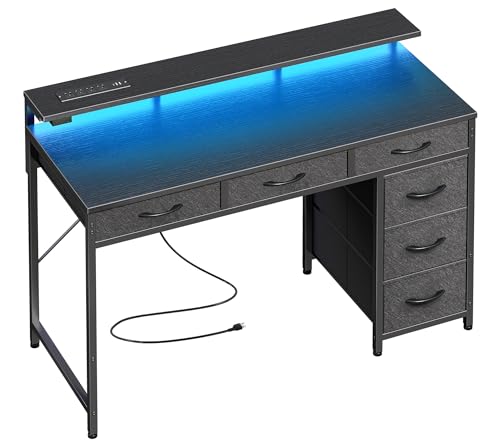 Huuger Gaming Desk with 6 Drawers, Computer Desk with LED Lights Power Outlets and Type-C, 39 Inch Office Desk with Storage, Monitor Stand, Writing Desk Work Desk Home Office, Bedroom, Black, 1CD100B - color: Black, size: 39 inch