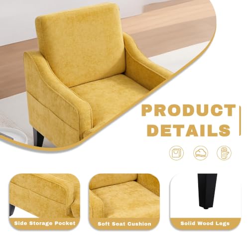 Set of 2 Accent Chair for Living Room,Mid-Century Arm Chair Chenille Fabric Living Room Chairs,Upholstered Reading Chair for Bedroom,Single Sofa Chair with Wood Legs for Apartment (Yellow) - color: Yellow