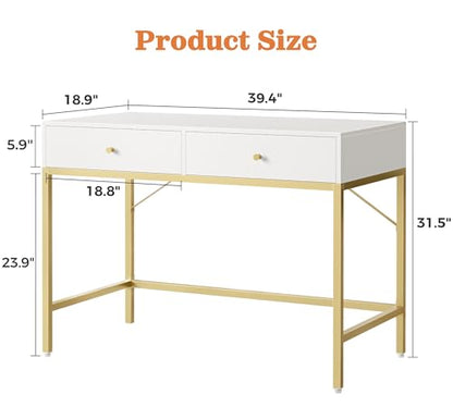 SUPERJARE 39.4" White and Gold Desk with 2 Drawers, Modern Makeup Desk - color: White and Gold, size: 39.4 inch