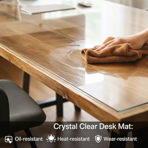 1.5mm Thick Clear Table Protector, Waterproof PVC Plastic Table Cover, Desk Mat for Nightstand，Durable Table Pad for Dining Room, Kitchen, Office, Writing Desk, and Coffee Tables