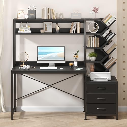 YOMILUVE 52" Computer Desk with Bookshelf, 3 Drawers ＆ Hutch for Bedroom | Black Office Desk with Printer Shelf, Study Writing Desk with Storage Shelves - color: Black