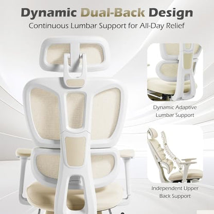 Ergonomic Office Chair with Footrest and Dynamic Lumbar Support, Cream | Reclining high-back computer chair, memory foam seat, 2D armrests, 2D headrest, mesh desk chair for home office, long hours - color: Beige