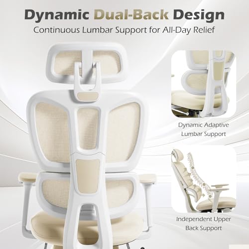 Ergonomic Office Chair with Footrest and Dynamic Lumbar Support, Cream - color: Beige