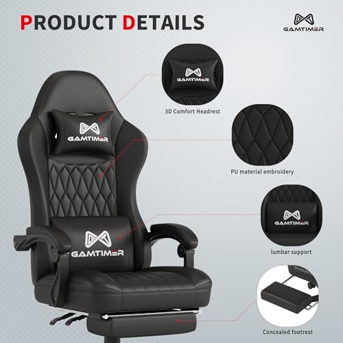 Gamtimer Gaming Chair with Footrest, Ergonomic Computer Chair, PU Breathable Material with Headrest and Lumbar Support, Suitable for Silla Gamer and Adults(Black) - color: Black