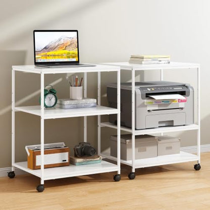 White Printer Stand, 20” Large Printer Table for Home Office, 3 Tier Rolling Printer Cart with Storage, for Shredder Scanner Fax - color: White
