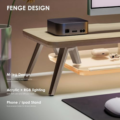 Fenge Dual Monitor Stand with 8-Mode LED Lights and Frosted Shelf, Oak | Sturdy Aluminum Legs, Built-In Phone & Tablet Slot, 2-Tier Storage, 42.5-Inch Desk Shelf for Gaming, Home Office & Streaming - color: Oak