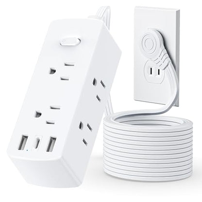 Flat Plug Power Strip with 5 FT Extension Cord, 6 Outlets 3 USB Ports(1 USB C), 3 Sided Outlet Extender for Home Office Travel Dorm Room Essentials, White