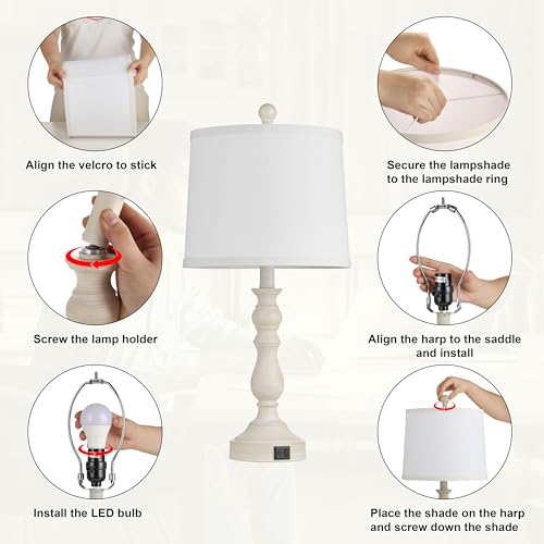 23'' Table Lamps Set of 2, Lamps for Bedroom, USB C+A Ports, Beige - color: B.White, Grey