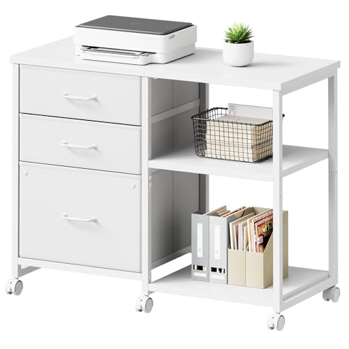 Maihail 3 Drawer File Cabinet with Wheels with Open Storage Shelf, White - color: White