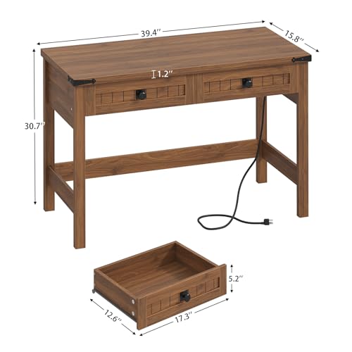 39 Inch Farmhouse Small Computer Desk with Drawers for Bedroom, Home Office - color: Brown