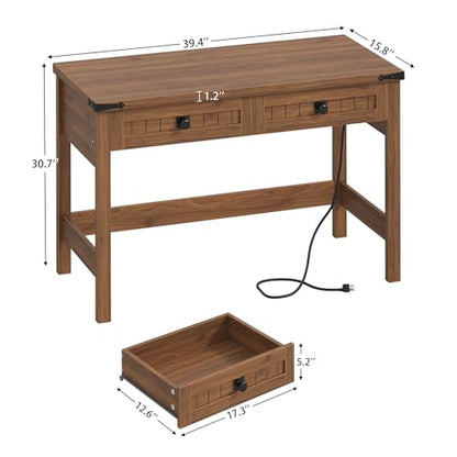 39 Inch Farmhouse Small Computer Desk with Drawers for Bedroom, Home Office - color: Brown