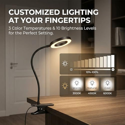 Clip on Book Light, LED Desk Lamp with Clamp, Flexible Gooseneck | Aluminum 15" Gooseneck Reading Light, 48 LED,3 Modes &10 Brightness, 59" USB Powered, for Headboard, Dorm, Craft, Office