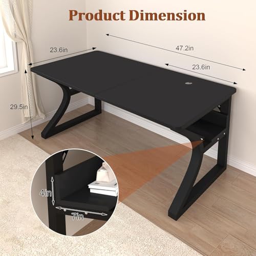 47'' Computer Desk w/Storage & Cable Management, Home Office Desk w/Sturdy U-Shaped Metal Frame & Water-Resistant Scratchproof Surface, Study Writing Desk for Office & Bedroom, Black - size: 47inch-Black
