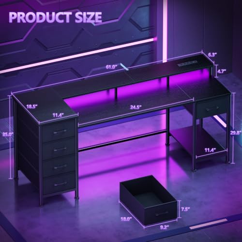 Korfile 61 Inch Gaming Computer Desk with Power Outlets,LED,5 Drawers,Black - color: Black, size: 61 Inch