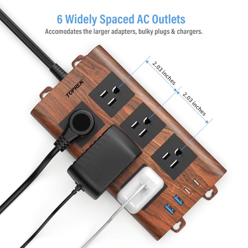 TOPREK Surge Protector Power Strip (2100J), 6 Widely-Spaced Outlets with 2 USB-C & 2 USB-A, 6.5 FT Extension Cord with Ultra-Thin Flat Plug, Wood Finish Power Strip with USB for Home, Office