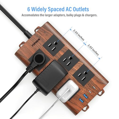 TOPREK Surge Protector Power Strip (2100J), 6 Widely-Spaced Outlets with 2 USB-C & 2 USB-A, 6.5 FT Extension Cord with Ultra-Thin Flat Plug, Wood Finish Power Strip with USB for Home, Office