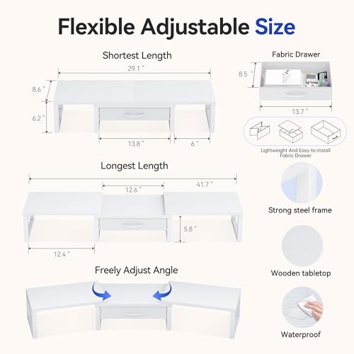 Dual Monitor Stand Riser, Desk Organizers and Accessories with Drawer, Computer Monitor Stands for Desk, Adjustable Desktop Shelf for PC Laptop Printer TV, White