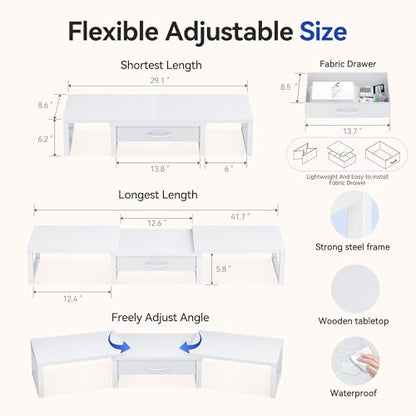 Dual Monitor Stand Riser, Desk Organizers and Accessories with Drawer, Computer Monitor Stands for Desk, Adjustable Desktop Shelf for PC Laptop Printer TV, White
