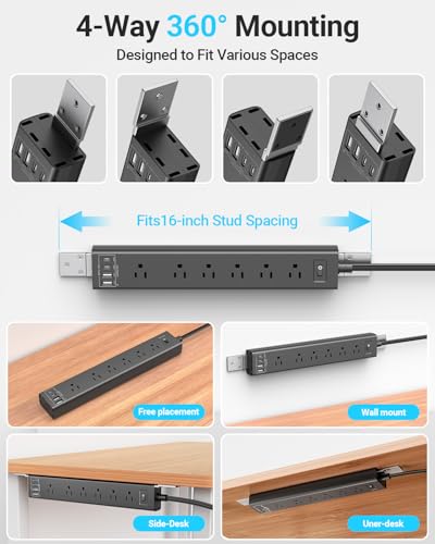 360° Mountable Surge Protector Power Strip with 4 USB Ports (2 USB C), 6 FT Electrical Outlet & Flat Plug Extension Cord for Under Desk, Wall, or Corner Mount - style: Desk Socket - Black