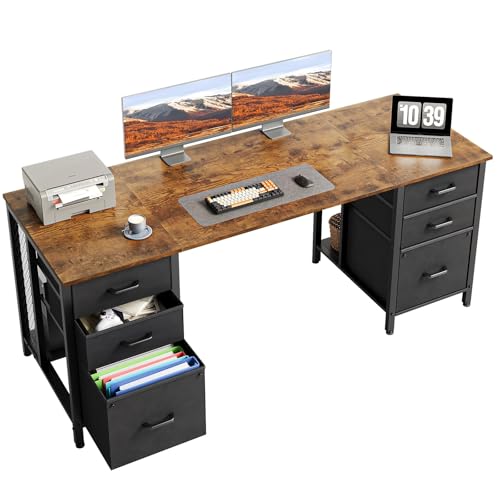 ODK 63 inch Computer Desk with 6 Fabric Drawers, Home Office Desk, Vintage | Office Desk with File Drawers Cabinet with Large Storage for Home, Study, Gaming - color: Vintage