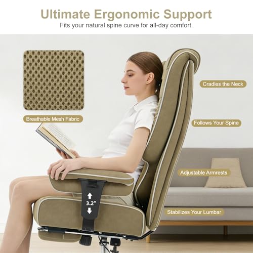 EXCEBET Big and Tall Executive Office Chair 400lbs Wide Seat, Mesh Green | Wide seat for extra comfort, Retractable footrest, 135° reclining, Lumbar support, Breathable mesh,Ergonomic high back design - color: Mesh Green