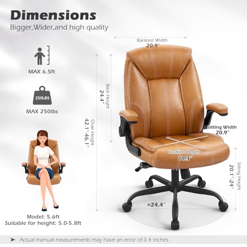 Executive Office Chair,Big and Tall Ergonomic Desk Chair with Adjustable Lumbar Support,Breathable PU Leather Computer Chair wih Flip-up Arms and Wheels, Camel - color: Camel-