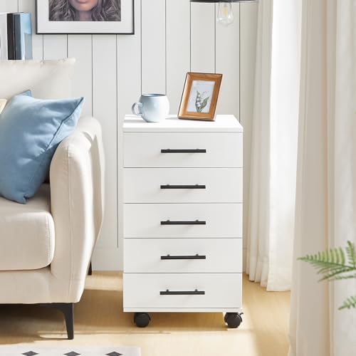 HOOBRO 5-Drawer File Cabinet, Office Filing Cabinet with Drawers, Wooden Mobile Storage Cabinet with Wheels, for Makeup, Home Office, Easy Assembly, White WT05WJ01G1 - color: White