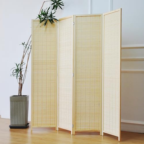 Furnnylane 4 Panel Bamboo Room Divider - 5.6 ft Tall Folding Privacy Screen, Natural Beige Freestanding Partition Wall for Home Office & Room Separation (67" H x 61.4" W) - color: Beige, size: 4 Panel