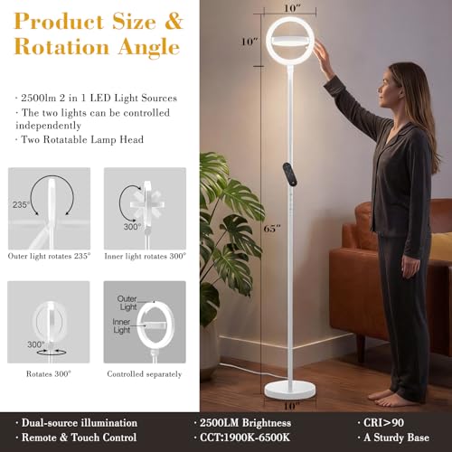 Omorepa 36W 2500lm Bright LED Floor Lamp for Living Room, 75.5 Inch Tall Standing Lamp for Office Stepless Dimmable with Remote, Torchiere Lamp with 2 Rotatable Lights 1900K-6500K for Bedroom (White) - color: White