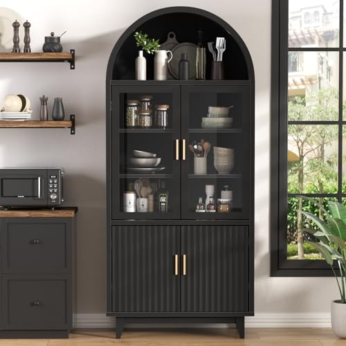 Arched Cabinet with Glass Doors, Fluted Pantry Cabinet with Solid Wood Legs - color: Black, size: Tall Arched - 15.7"D x 31.1"W x 70.8"H