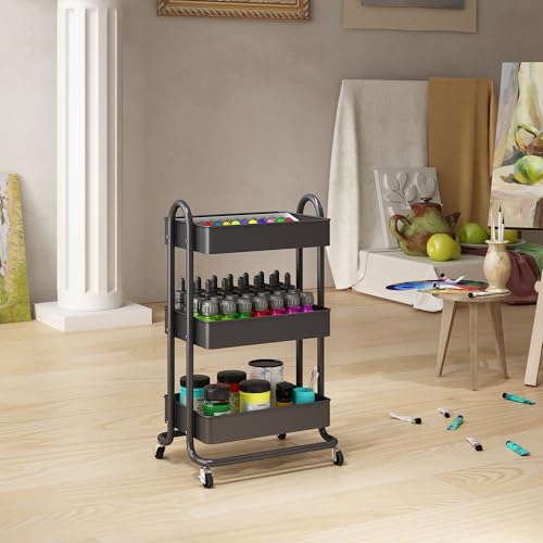 MIOCASA 3-Tier Metal Utility Rolling Cart, Heavy Duty Multifunction Cart with Lockable Casters, Easy to Assemble, Suitable for Office, Bathroom, Kitchen, Garden (Dark Gray, 3-Tier-Metal) - style: Dark Gray