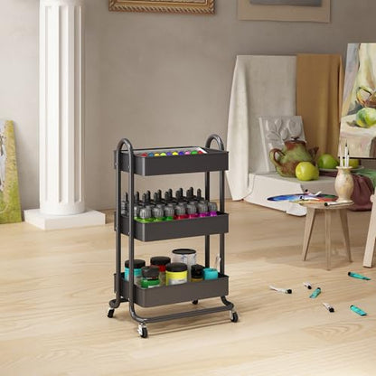 MIOCASA 3-Tier Metal Utility Rolling Cart, Heavy Duty Multifunction Cart with Lockable Casters, Easy to Assemble, Suitable for Office, Bathroom, Kitchen, Garden (Dark Gray, 3-Tier-Metal) - style: Dark Gray