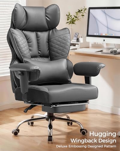 COMHOMA Big and Tall Office Chair Heavy Duty Gaming Chair with Deluxe Embossing Leather High Back Wider Ergonomic Computer Chair with Foot Rest 145°Reclining Pocket Spring Lumbar Support - color: Warm Gray