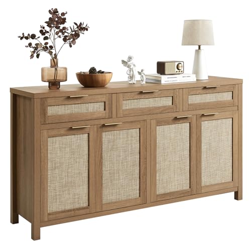 HOKYHOKY 63" Rattan Sideboard Buffet Cabinet, Boho Storage Cabinet - color: Rustic Oak, size: 63-Inch