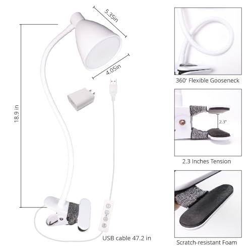 GlowVibe Desk Lamp Eye-Caring 360° Flexible Gooseneck 3 Color Modes 10 Brightness Dimmable 10W 40 LED, Portable Reading Book Light Clamp Study Desk Lamps for Bedroom and Office Home Lighting (White) - color: White