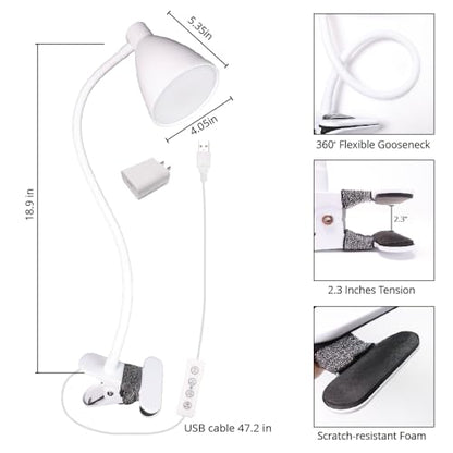 GlowVibe Desk Lamp Eye-Caring 360° Flexible Gooseneck 3 Color Modes 10 Brightness Dimmable 10W 40 LED, Portable Reading Book Light Clamp Study Desk Lamps for Bedroom and Office Home Lighting (White) - color: White