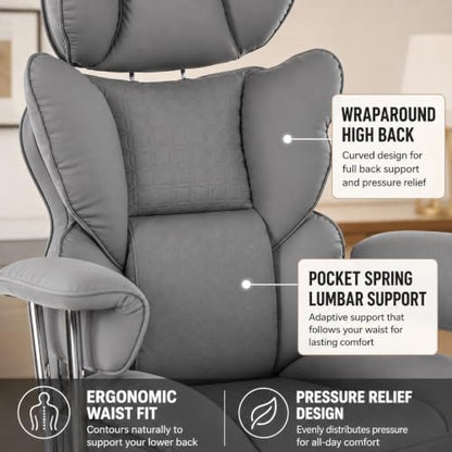 Big and Tall Office Chair, Ergonomic Executive Desk Chair with Footrest and Lumbar Support, Heavy Duty PU Leather Reclining Computer Chair with Extra Wide Seat for Home Office, Grey - color: Grey