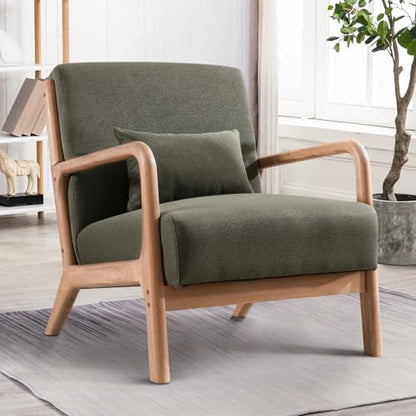 INZOY Mid Century Modern Accent Chair with Wood Frame, Upholstered Living Room Chairs with Waist Cushion, Reading Armchair for Bedroom Sunroom (Green) - color: A-blackish Green