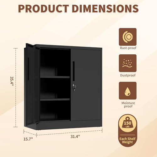 36" H Storage Cabinet with 2 Doors and 2 Adjustable Shelves, Garage Storage Cabinet with Lock, Metal Storage Cabinet, Locking Tool Cabinet Utility Cabinets for Home Office, Garage, Bathroom - size: 36H*32W*16D
