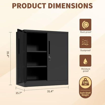 36" H Storage Cabinet with 2 Doors and 2 Adjustable Shelves, Garage Storage Cabinet with Lock, Metal Storage Cabinet, Locking Tool Cabinet Utility Cabinets for Home Office, Garage, Bathroom - size: 36H*32W*16D