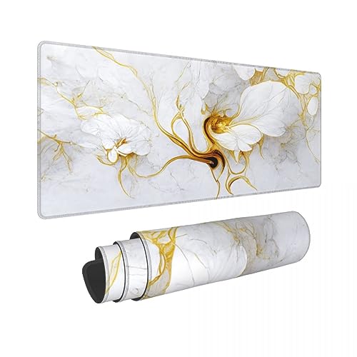 Desk Pad,Office Desk Mat 31.5"×11.8" Large Gaming Mouse Pad,Extended Computer Mouse Pad,Waterproof Thick Big Mouse Pads with Non-Slip Rubber Base Office Home White Gold Marble Flower - color: Xl01-15 White Gold Marble Flower, size: 31.5 x 11.8 in