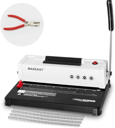 MAKEASY Spiral Binding Machine, 4:1 Pitch, 12 Sheets Punch Capacity, Electric Coil Insert, Book Binder Machine for A4/A5/Letter Size Paper, Come with 1 Box pcs 5/16'' Coils & Pliers - color: White