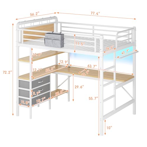 Jocoevol Full Size Loft Bed with L-Shaped Desk, LED Lights,Charging Station, Industrial Heavy Duty Metal Loft Bed Frame with 3 Storage Shelves and 3 Fabric Drawers, Safety Guard & Ladder, White - color: White, size: Full