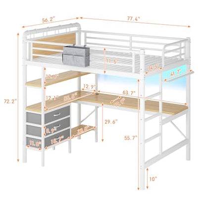Jocoevol Full Size Loft Bed with L-Shaped Desk, LED Lights,Charging Station, Industrial Heavy Duty Metal Loft Bed Frame with 3 Storage Shelves and 3 Fabric Drawers, Safety Guard & Ladder, White - color: White, size: Full
