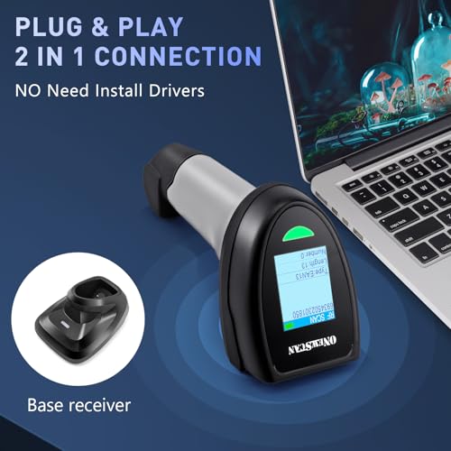 Barcode Scanner Wireless, ONEWSCAN 1D CCD Barcode Reader with Smart Base Stand 2.4G Wireless & USB Wired Connection Plug and Play Handheld Bar Code Scanners with Screen - color: 2206ph