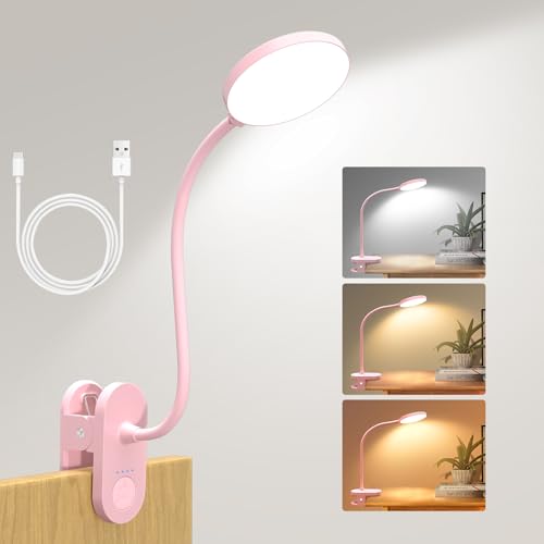 Rechargeable LED Desk Lamp with Clamp, Portable Clip on Light with 3 Color & 10 Brightness, Cordless Desk Light for Makeup Home Office Book Reading Crafting Sewing Drawing Knitting Puzzle (Pink/4.7'') | 10 Brightness Levels, Clamp Lamp with USB-C, 15.8''