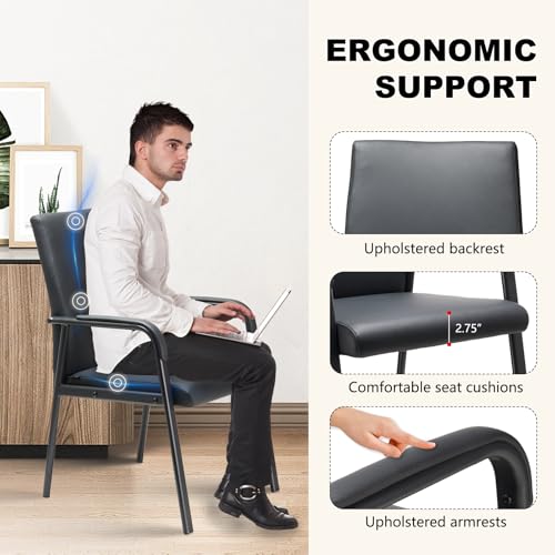 4 Pack Black Leather Office Desk Chair No Wheels 600 lbs Capacity | Modern High Back Reception Guest Conference Room Waiting Room Chairs with Padded Armrests for Seniors - size: 4 PACK