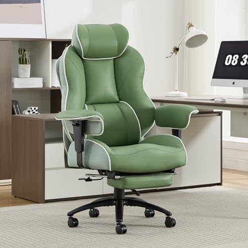 DJ·Wang Big and Tall Office Chair with Foot Rest, High Back Executive Office Chair PU Leather, Ergonomic Chairs with Lumbar Support, 135° Reclining Chairs with Thickened Spring Cushion Green - color: Pu Green